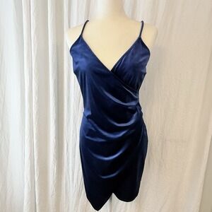 A'Gaci Women's Crushed Blue Velvet Sultry Cocktail Asymmetrical Hem Mini Dress L